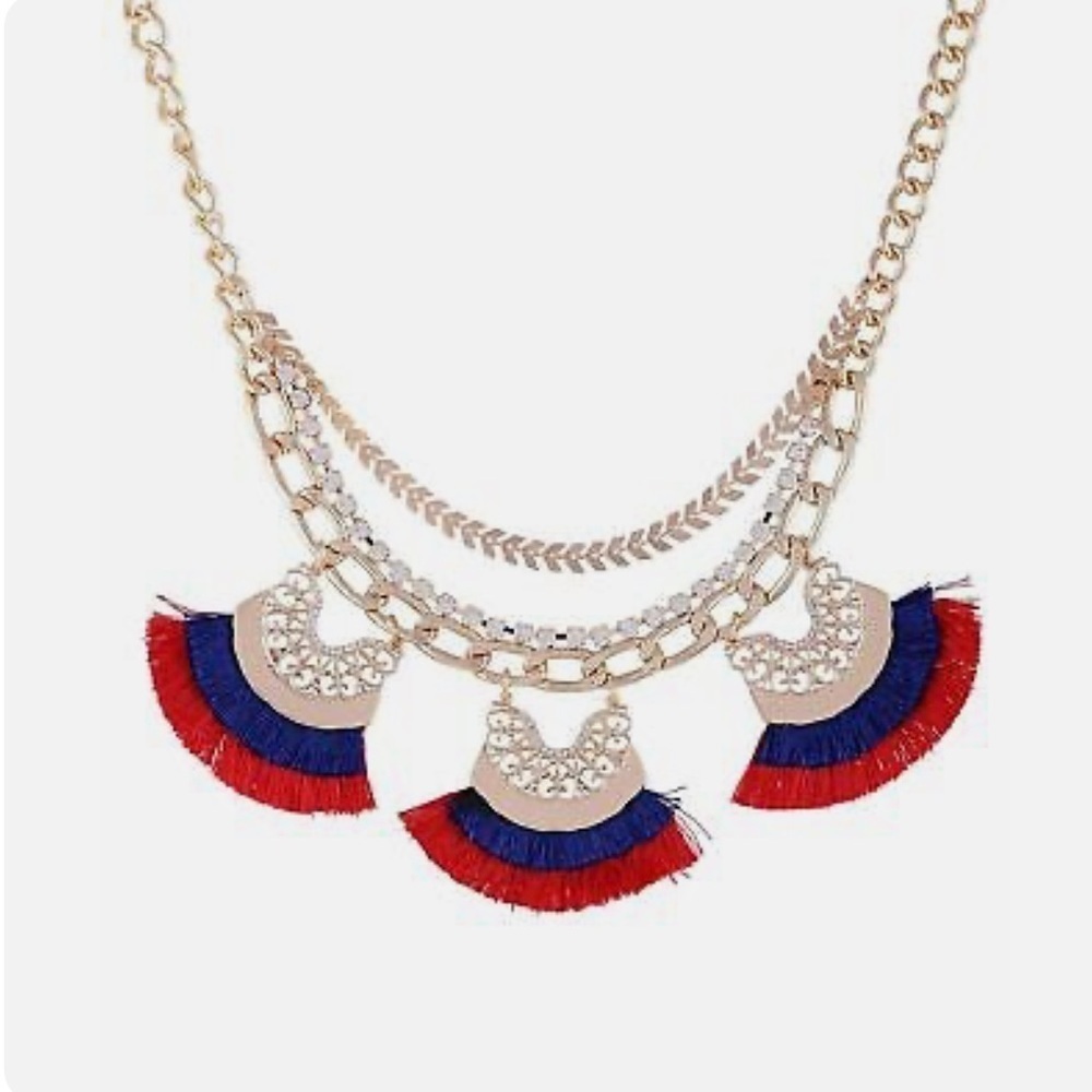 NWT GUESS GOLD TONE RED & BLUE FRINGE NECKLACE